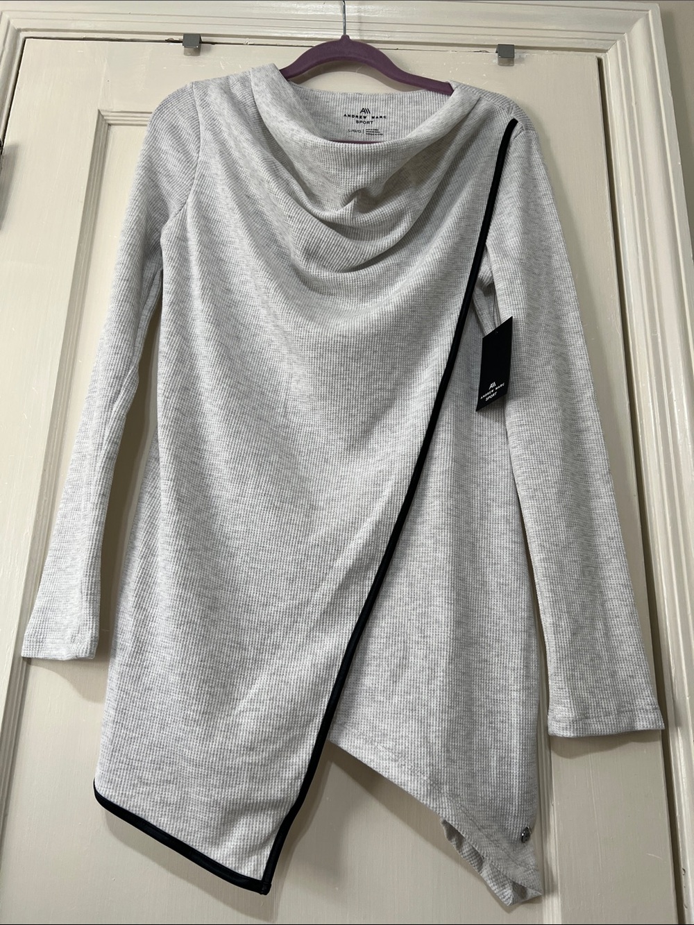 Andrew Marc Light Gray Cowl Neck Asymmetric Thermal Sweater with Black Trim